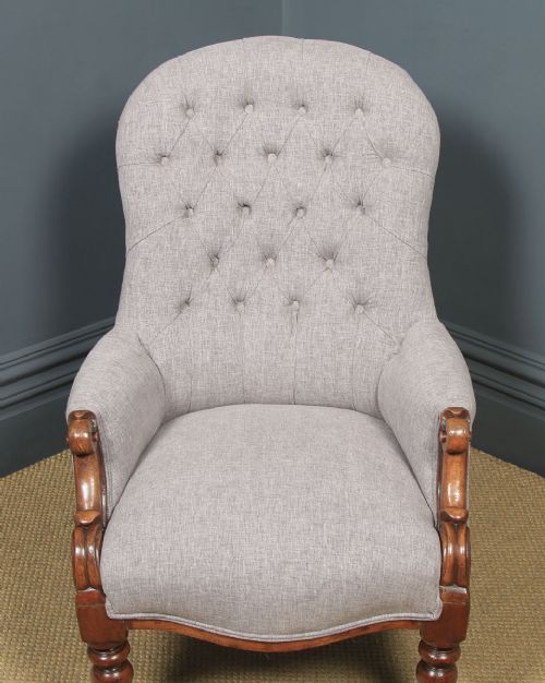 fig 3. Antique English Victorian Mahogany Grey Upholstered Armchair (Circa 1870)