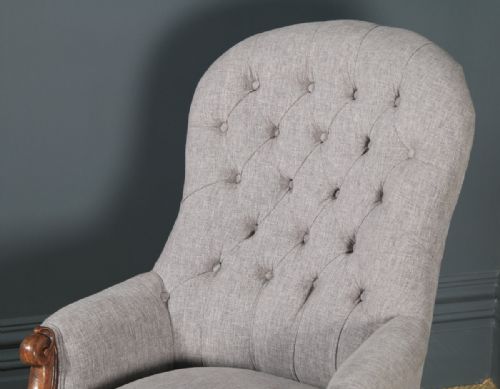 fig 4. Antique English Victorian Mahogany Grey Upholstered Armchair (Circa 1870)