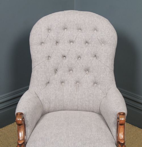 fig 5. Antique English Victorian Mahogany Grey Upholstered Armchair (Circa 1870)
