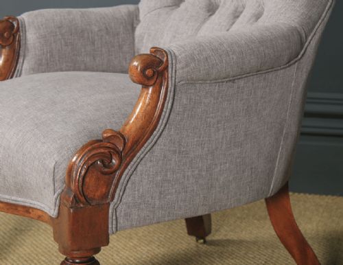 fig 7. Antique English Victorian Mahogany Grey Upholstered Armchair (Circa 1870)