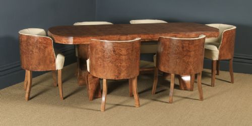 Antique English Art Deco Epstein Burr Walnut Dining Suite Table & Six Leather Dining Chairs (Circa 1930)