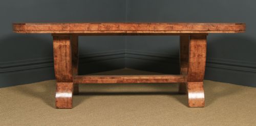fig 1. Antique English Art Deco Epstein Burr Walnut Dining Suite Table & Six Leather Dining Chairs (Circa 1930)