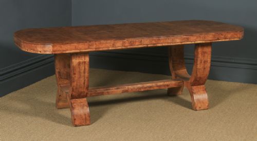 fig 2. Antique English Art Deco Epstein Burr Walnut Dining Suite Table & Six Leather Dining Chairs (Circa 1930)