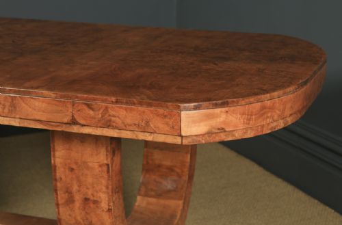 fig 4. Antique English Art Deco Epstein Burr Walnut Dining Suite Table & Six Leather Dining Chairs (Circa 1930)