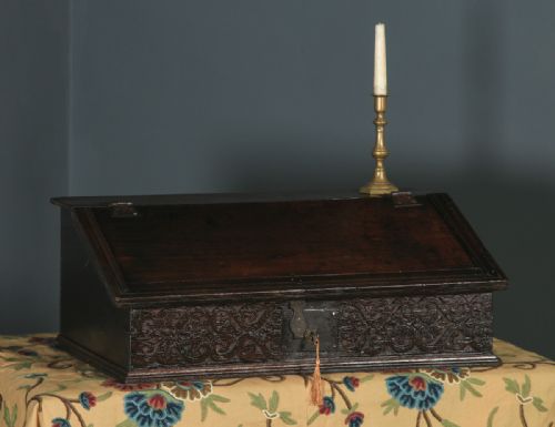 fig 1. Antique English 18th Century Solid Oak Carved Writing Bible Box (Circa 1700)