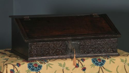 fig 2. Antique English 18th Century Solid Oak Carved Writing Bible Box (Circa 1700)