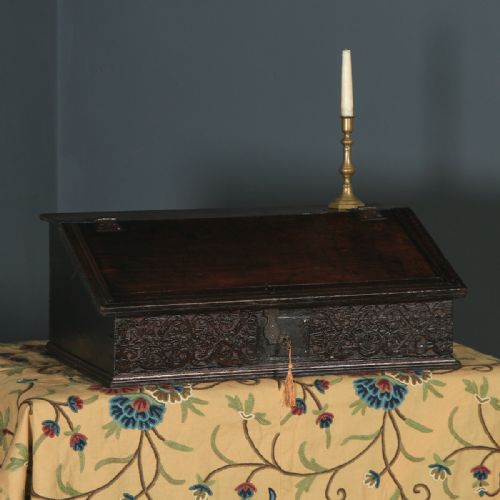 fig 4. Antique English 18th Century Solid Oak Carved Writing Bible Box (Circa 1700)