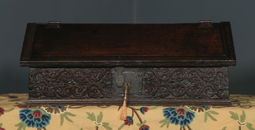 fig 5. Antique English 18th Century Solid Oak Carved Writing Bible Box (Circa 1700)