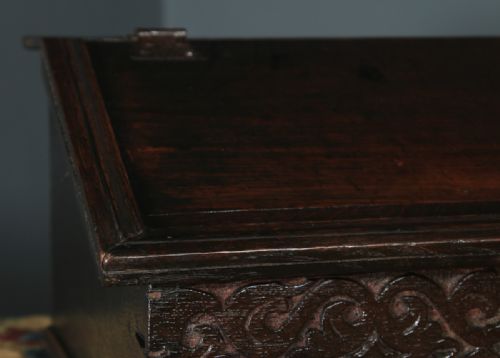 fig 6. Antique English 18th Century Solid Oak Carved Writing Bible Box (Circa 1700)