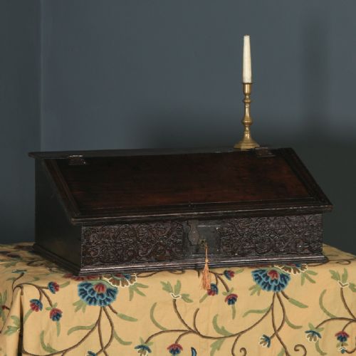 Antique English 18th Century Solid Oak Carved Writing Bible Box  (Circa 1700)