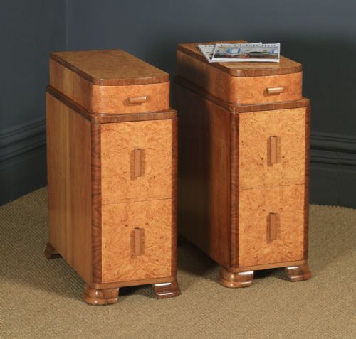 Antique English Pair of Art Deco Burr Walnut Bedside Tables (Circa 1930)