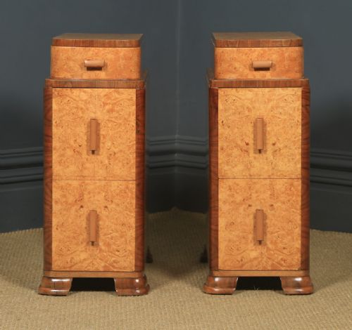fig 2. Antique English Pair of Art Deco Burr Walnut Bedside Tables (Circa 1930)