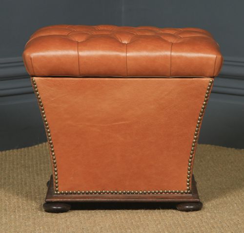 fig 1. Antique English Victorian Mahogany & Tan Brown Leather Upholstered Square Ottoman Box Stool (Circa 1860)