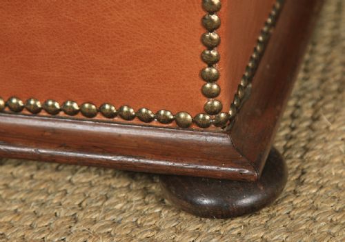 fig 3. Antique English Victorian Mahogany & Tan Brown Leather Upholstered Square Ottoman Box Stool (Circa 1860)