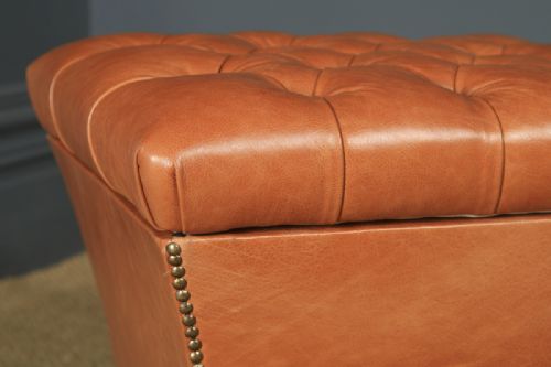 fig 5. Antique English Victorian Mahogany & Tan Brown Leather Upholstered Square Ottoman Box Stool (Circa 1860)