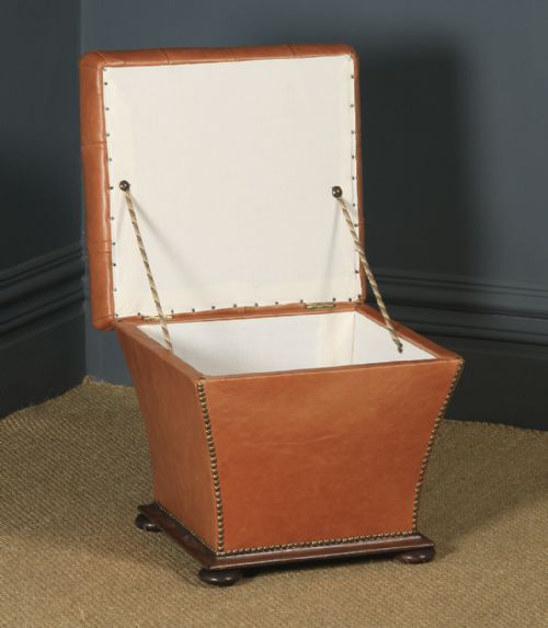 fig 6. Antique English Victorian Mahogany & Tan Brown Leather Upholstered Square Ottoman Box Stool (Circa 1860)