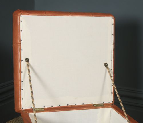 fig 7. Antique English Victorian Mahogany & Tan Brown Leather Upholstered Square Ottoman Box Stool (Circa 1860)