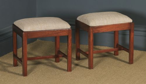 Antique English Pair of Georgian Style Mahogany Upholstered Square Dressing / Foot Stools (Circa 1880)