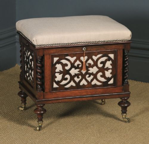 Antique English Victorian Rosewood Canterbury Box Piano / Dressing Stool / Ottoman (Circa 1860)