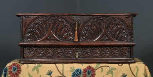fig 1. Antique English 18th Century Solid Oak Carved Writing Box (Circa 1700)