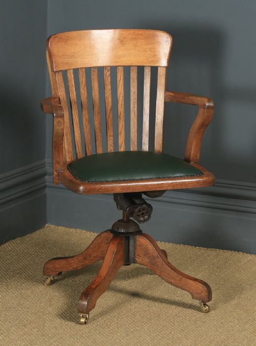 Antique English Edwardian Solid Oak & Green Leather Revolving Office Desk Arm Chair (Circa 1910)