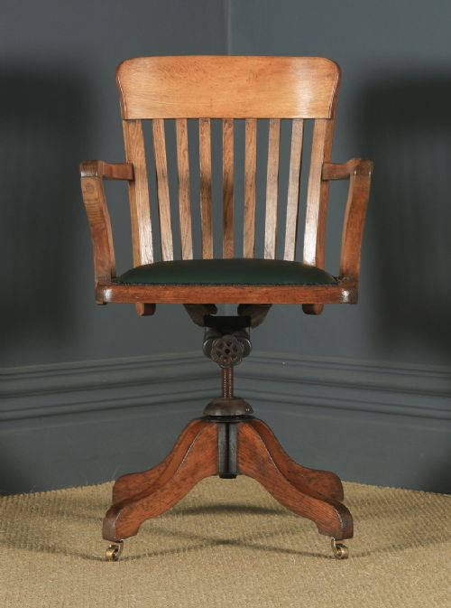 fig 1. Antique English Edwardian Solid Oak & Green Leather Revolving Office Desk Arm Chair (Circa 1910)