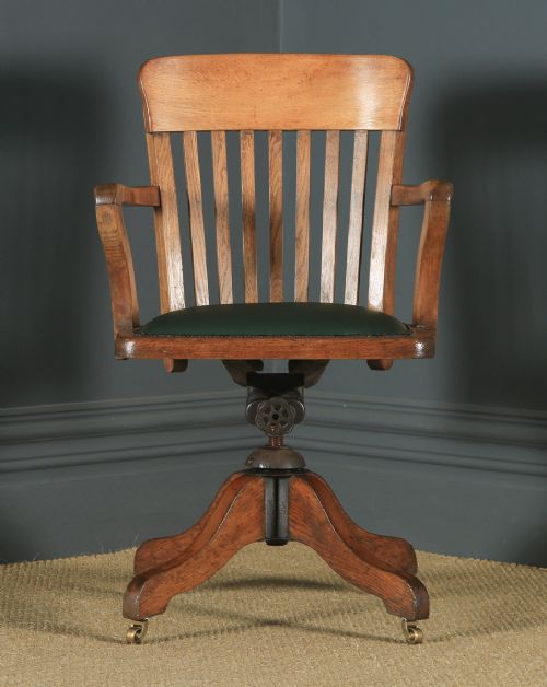 fig 2. Antique English Edwardian Solid Oak & Green Leather Revolving Office Desk Arm Chair (Circa 1910)