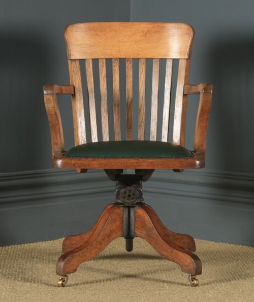 fig 3. Antique English Edwardian Solid Oak & Green Leather Revolving Office Desk Arm Chair (Circa 1910)