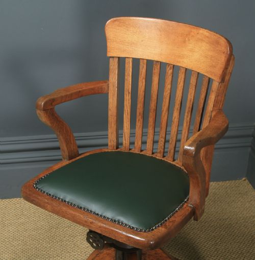 fig 4. Antique English Edwardian Solid Oak & Green Leather Revolving Office Desk Arm Chair (Circa 1910)