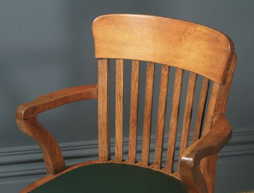 fig 5. Antique English Edwardian Solid Oak & Green Leather Revolving Office Desk Arm Chair (Circa 1910)
