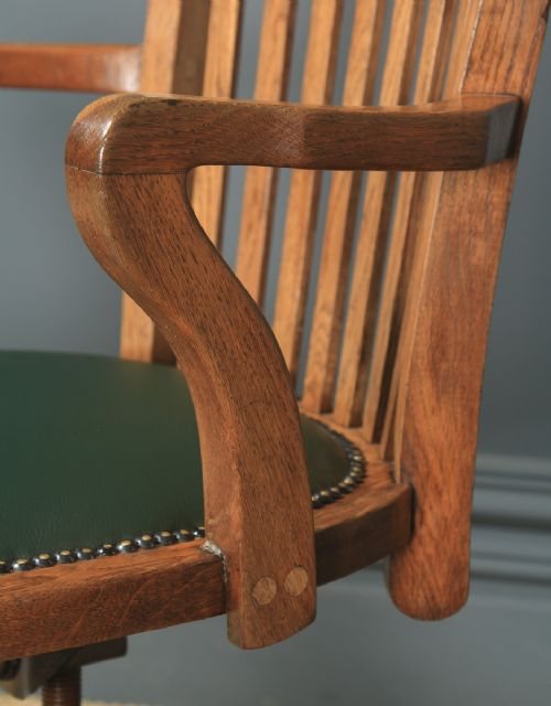 fig 7. Antique English Edwardian Solid Oak & Green Leather Revolving Office Desk Arm Chair (Circa 1910)