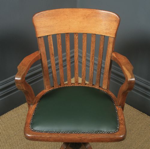 fig 8. Antique English Edwardian Solid Oak & Green Leather Revolving Office Desk Arm Chair (Circa 1910)
