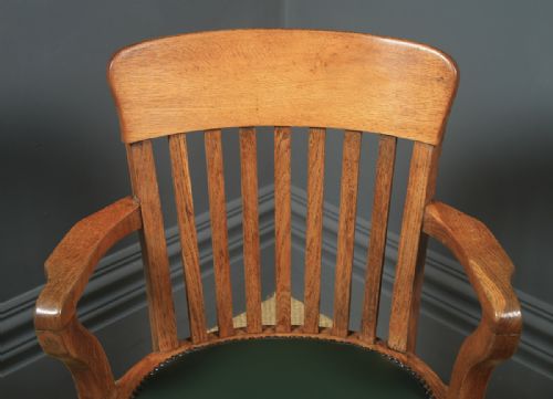 fig 9. Antique English Edwardian Solid Oak & Green Leather Revolving Office Desk Arm Chair (Circa 1910)
