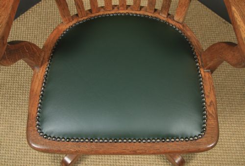 fig 10. Antique English Edwardian Solid Oak & Green Leather Revolving Office Desk Arm Chair (Circa 1910)