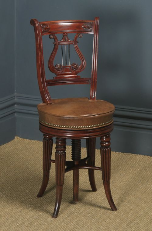 Antique English Regency Mahogany & Leather Revolving Harpist / Cellist Music Chair (Circa 1830)