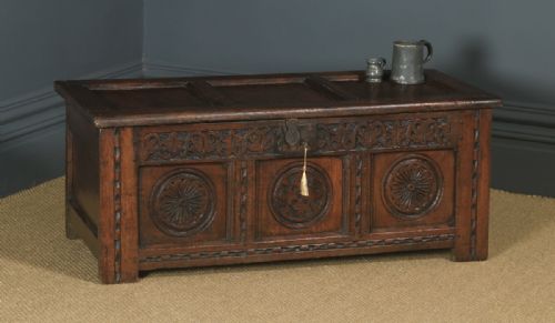 Antique English 17th Century Charles II Oak Carved Triple Panel Coffer Chest Blanket Box (Circa 1680)