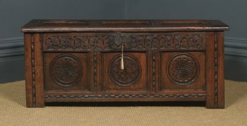 fig 1. Antique English 17th Century Charles II Oak Carved Triple Panel Coffer Chest Blanket Box (Circa 1680)