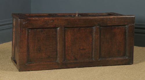 fig 2. Antique English 17th Century Charles II Oak Carved Triple Panel Coffer Chest Blanket Box (Circa 1680)