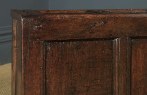 fig 3. Antique English 17th Century Charles II Oak Carved Triple Panel Coffer Chest Blanket Box (Circa 1680)