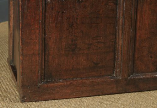 fig 4. Antique English 17th Century Charles II Oak Carved Triple Panel Coffer Chest Blanket Box (Circa 1680)
