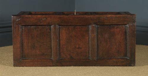 fig 5. Antique English 17th Century Charles II Oak Carved Triple Panel Coffer Chest Blanket Box (Circa 1680)