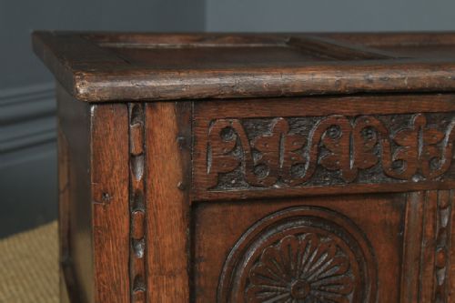 fig 8. Antique English 17th Century Charles II Oak Carved Triple Panel Coffer Chest Blanket Box (Circa 1680)