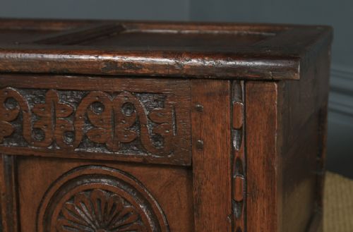 fig 9. Antique English 17th Century Charles II Oak Carved Triple Panel Coffer Chest Blanket Box (Circa 1680)
