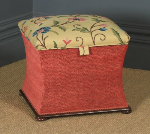 Antique English Victorian Mahogany & Crewel Work Upholstered Concave Ottoman Box Stool Trunk (Circa 1870)