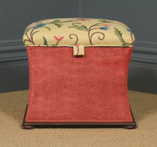fig 1. Antique English Victorian Mahogany & Crewel Work Upholstered Concave Ottoman Box Stool Trunk (Circa 1870)