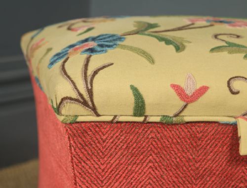 fig 4. Antique English Victorian Mahogany & Crewel Work Upholstered Concave Ottoman Box Stool Trunk (Circa 1870)
