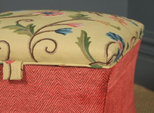 fig 5. Antique English Victorian Mahogany & Crewel Work Upholstered Concave Ottoman Box Stool Trunk (Circa 1870)