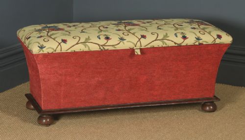 Large Antique English Victorian Mahogany & Crewel Work Upholstered Concave Ottoman Box Stool Trunk (Circa 1870)
