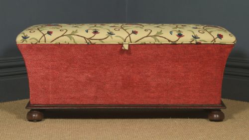 fig 1. Large Antique English Victorian Mahogany & Crewel Work Upholstered Concave Ottoman Box Stool Trunk (Circa 1870)