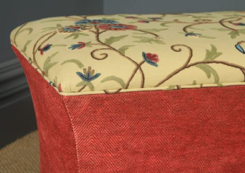 fig 4. Large Antique English Victorian Mahogany & Crewel Work Upholstered Concave Ottoman Box Stool Trunk (Circa 1870)